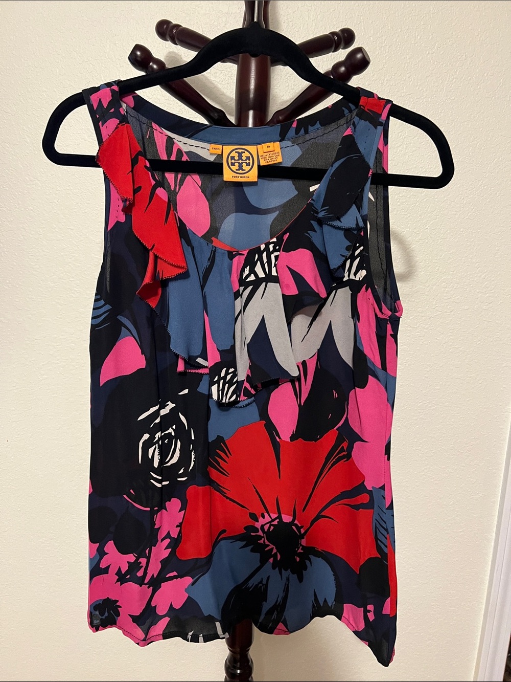 Tory Burch Sleeveless Floral Ruffle Top - Pink, Red & Blue